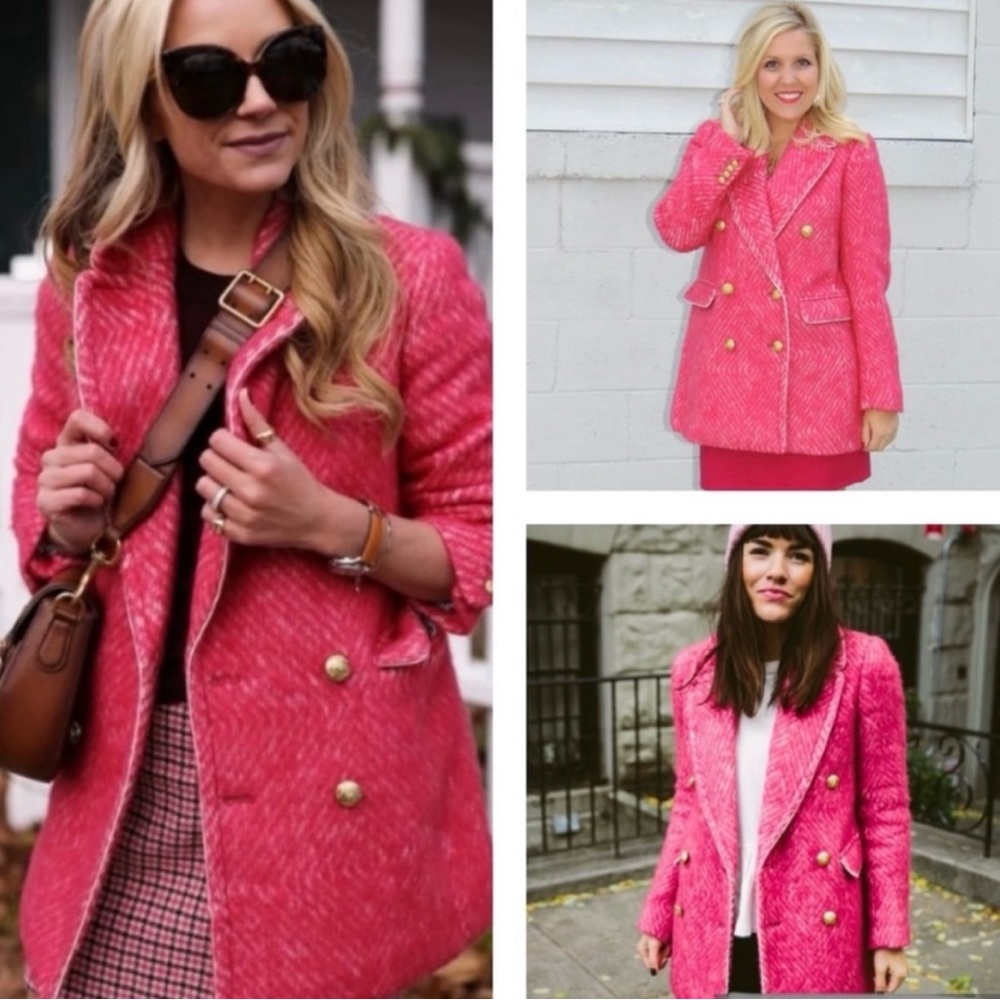 J. Crew pink diamond tweed wool coat size 00/XS collection herringbone